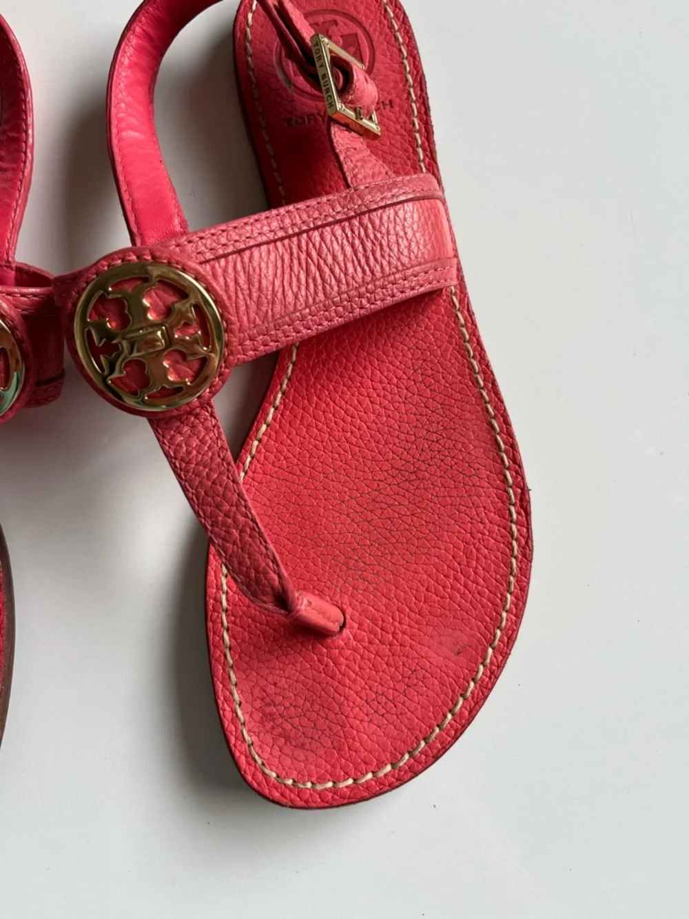 Tory Burch pink coral Leather Logo Medallion Slingback Sandals